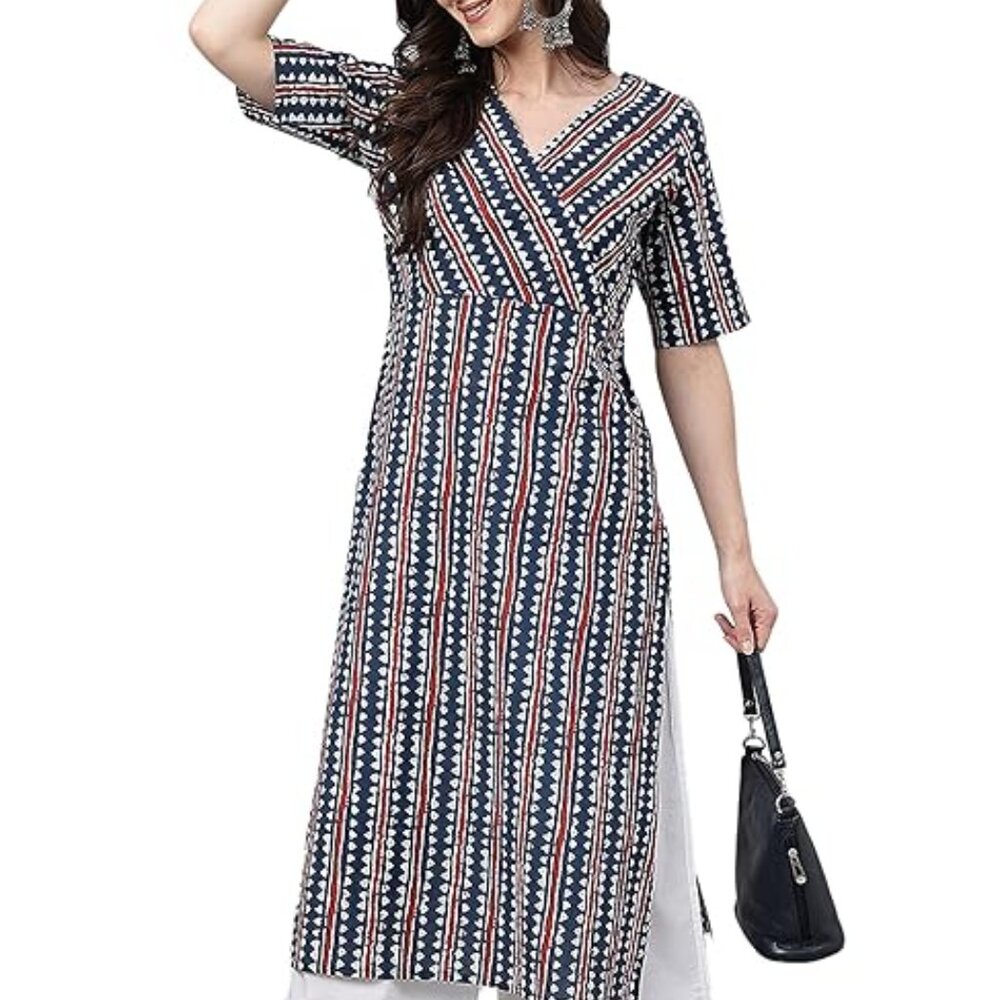 NEW Women's Navy Blue Pure Cotton Geometric Straight Kurta